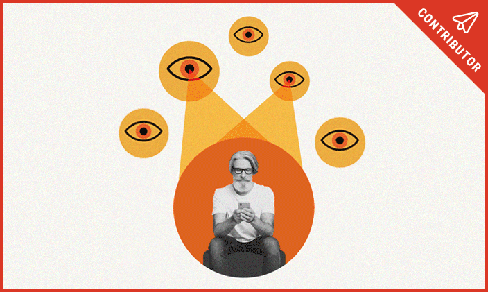 An illustration showing a person looking at their phone with several eyes spying on him