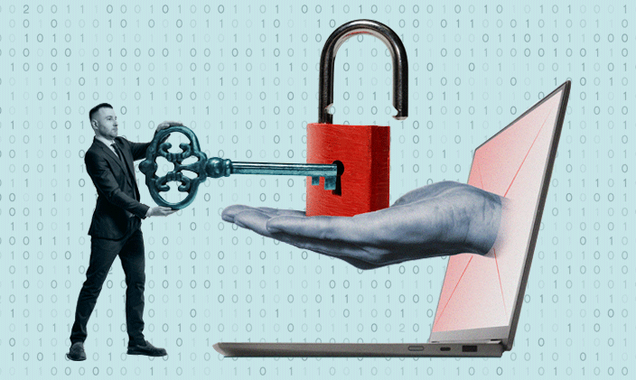 Business man turning a key in a lock coming out of a laptop screen to signify ethical hacking