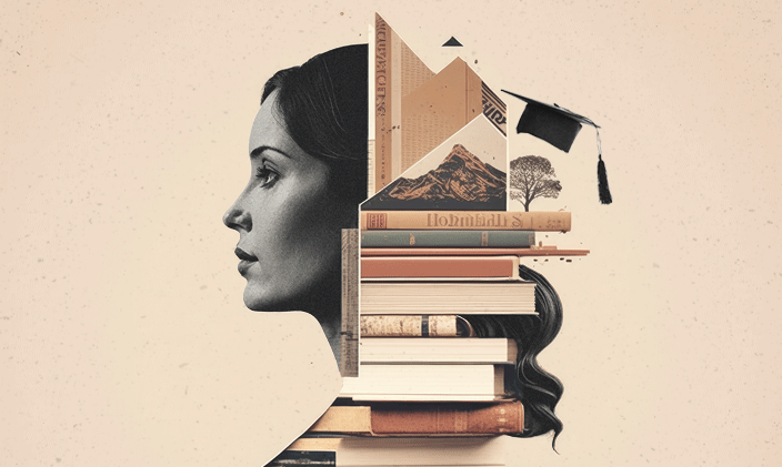 Photo of a woman's face profile and a stack of books to signify getting a master's degree in adult education