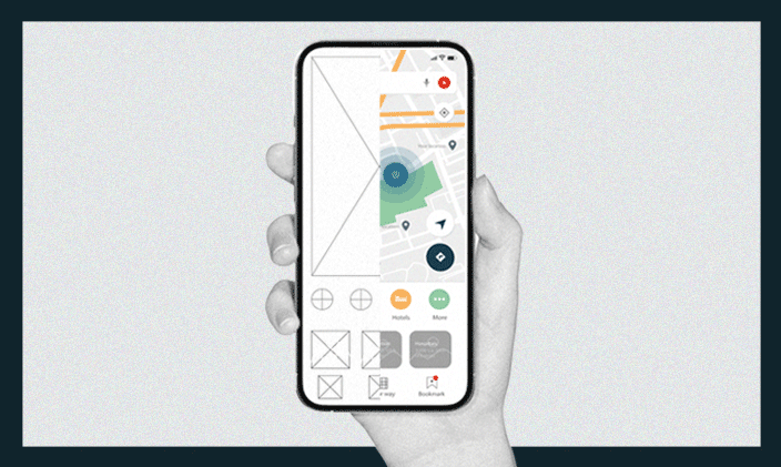 A hand holding up a phone, showcasing two sides to signify UI vs UX design