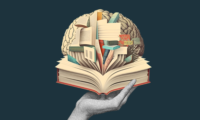 Hand holding an open book with a brain, pages, and entrance exams coming out of it