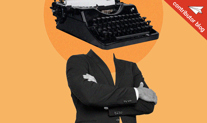 A business's man's body with a typewriter as a head to signify copywriting tips you can use at work