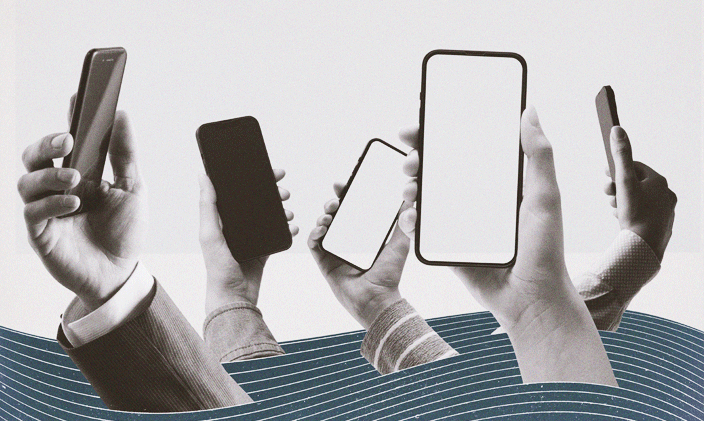 Five hands holding cell phones up in the center of the frame with phone screens displayed.