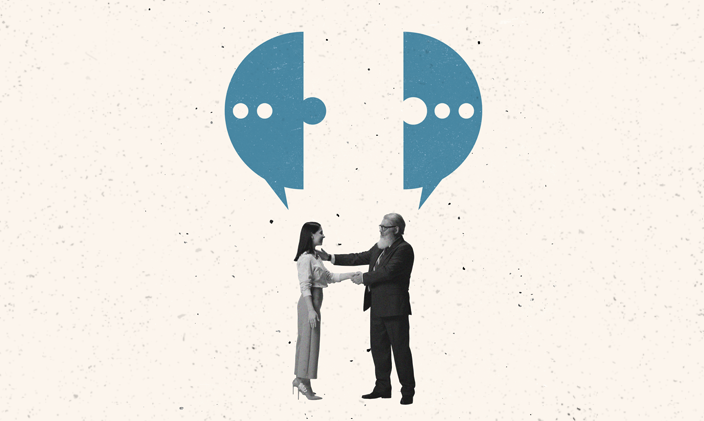 A woman and a man stand in the center of the frame facing one another, each has a hand extended. Blue text bubbles appear above each of their heads.