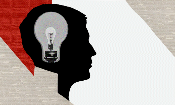 Side silhouette of a man's head in black with a grey lightbulb in center of his head, against a tan red and white background. 
