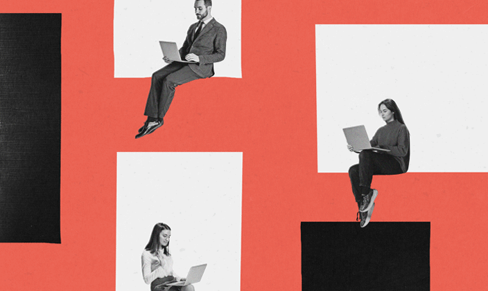 Three people sitting down with laptops open and looking at screens. Background is made up of white red and black squares.