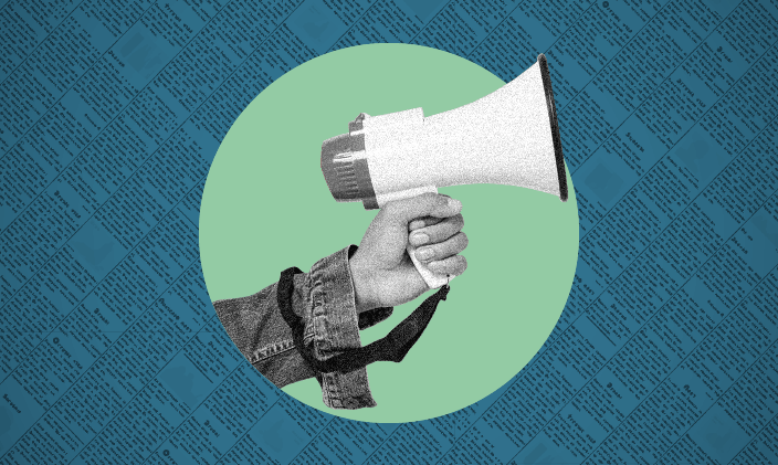 A hand extended holding a megaphone against a blue and teal background.
