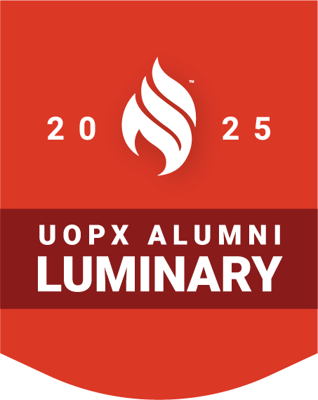 A red badge featuring white text that reads "2025 UOPX Alumni Luminary"