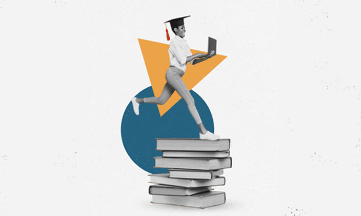A woman hopping over a stack of books and wearing a mortarboard. 
