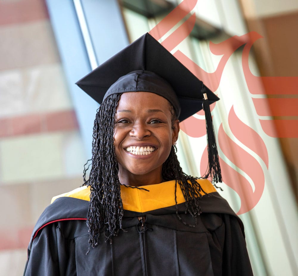 A smiling woman in graduation attire, encouraging prospective MSP students to take the next step.
