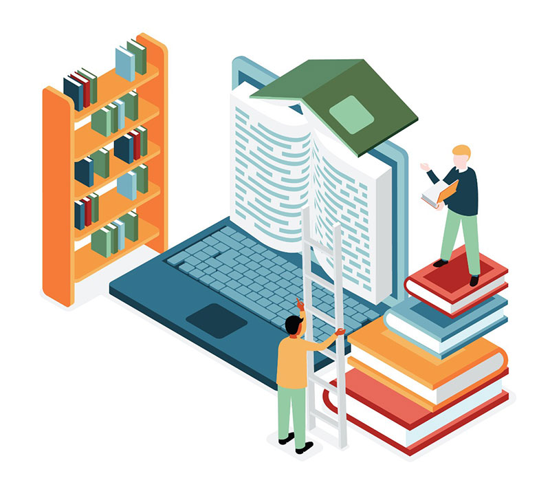 An illustration of people searching in books and a laptop, signifying a research project