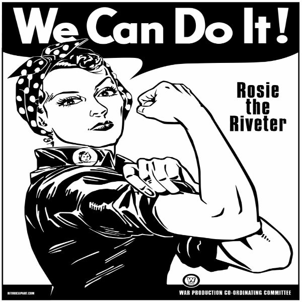 Animated cartton of Rosie the Riveteer flexing her arm and the words above her read "We can do it!"